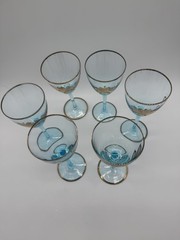 VTG 1960’s Romanian Teal Glasses. 22 K Gold Rim Flower Gilt. Set Of 6