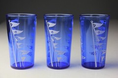VTG Hazel Atlas Cobalt Blue Windmill Ice Bucket & 3 Flat Tumblers w/ Flags