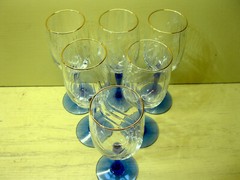 6 Libbey CRYSTAL BLUE Water Goblets Drape Optic Clear Bowls Blue Stems Gold Trim