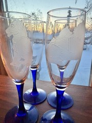 Vintage Cobalt and Clear Glass Etched «Dogs» Glassware Numbered Engraved 4set