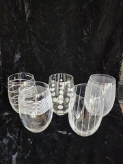 Set of 5 Mikasa 5″ Cheers Stemless Wine Glasses Horizontal Bubbles Waves & Dots