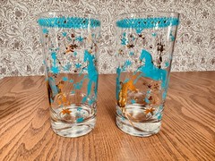 RARE Mid Century Cera Glasses Persian Women Horse MCM High Ball Culver Gold Blue