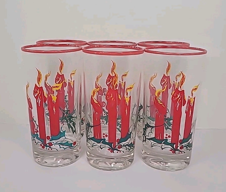 Vtg Christmas Federal Glass 6 Pc Tumblers Red Candles Holly Berry Red Green