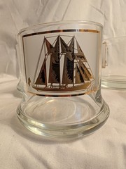 Vtg 4 Cera Schooner Sail Ship 22kt Gold Old Fashioned Rocks Glass Heavy Bottom