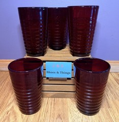 Set Of 5 Ruby Red Glasses Tumblers Ribbed Rings 5 3/4” 16 Oz.