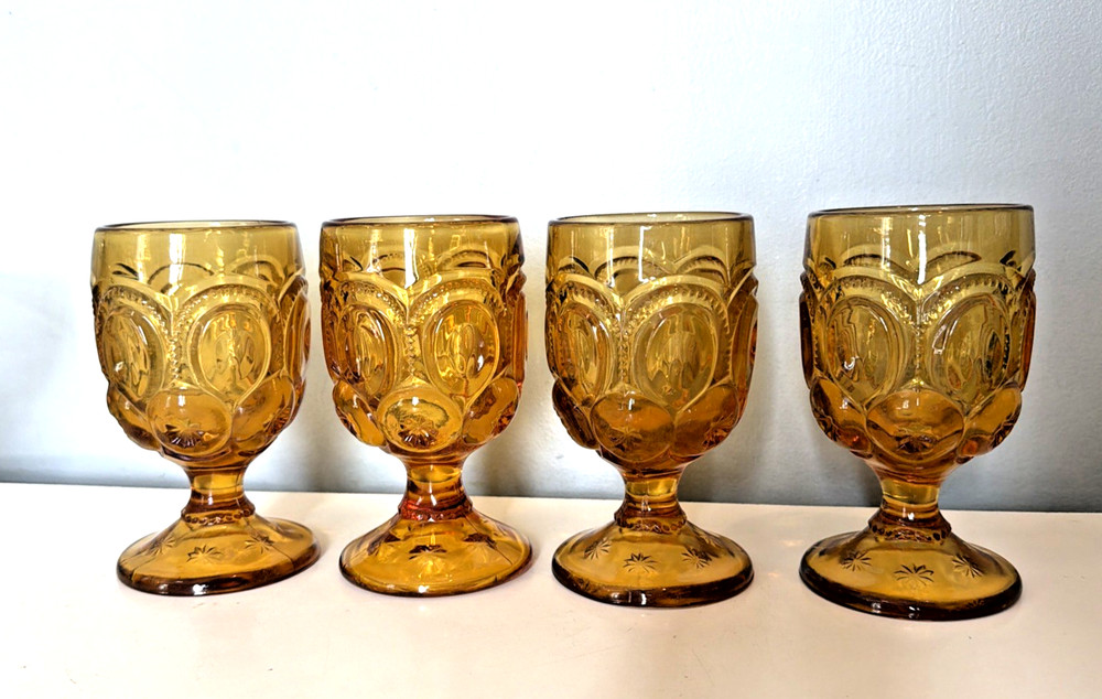 Set of 4 Vintage LE SMITH Amber Glass Moon & Stars 6″ Juice Drink Goblets ~