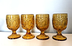 Set of 4 Vintage LE SMITH Amber Glass Moon & Stars 6″ Juice Drink Goblets ~