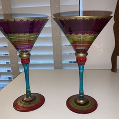 Pier 1 Festive Hand Painted Jewel Tones 2 Martini Glasses Magenta, Teal, Gold