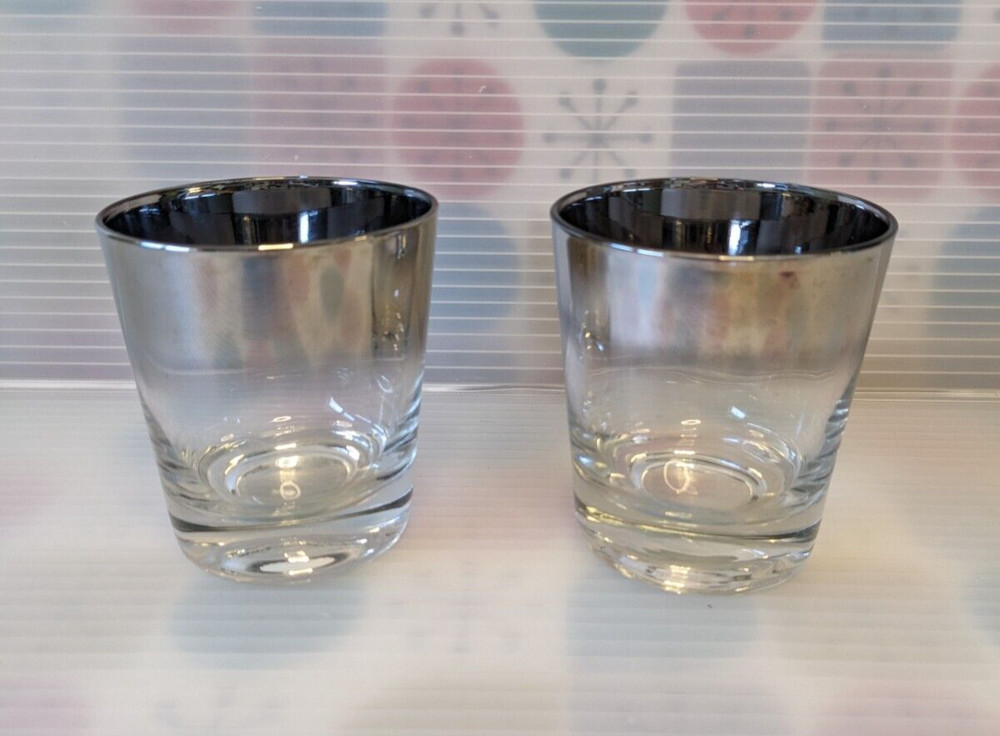 Mid Century Modern Vintage Dorothy Thorpe Silver Fade Lowball Glass Set of 2