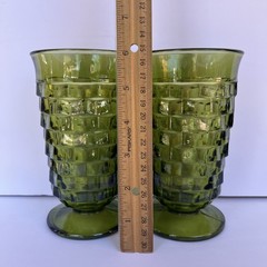 VTG Indiana Glass Whitehall Avocado Green Cubist 6” Footed Tumblers Set 2 MCM