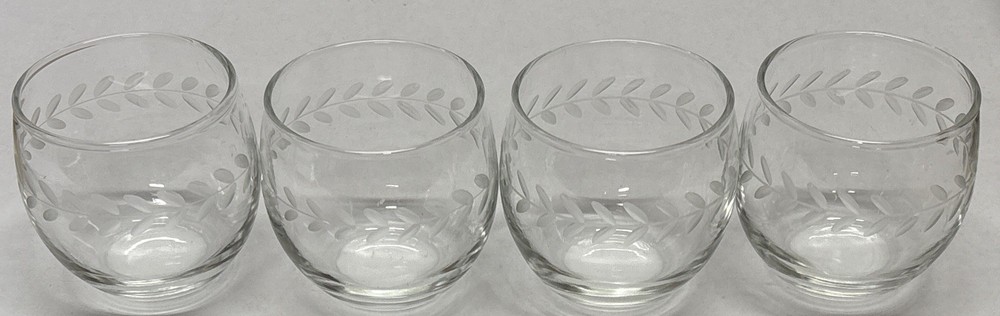 Laurel Leaf Gray Cut 9oz Flat Glass Tumblers 3” Anchor Hocking Vintage, Set of 4