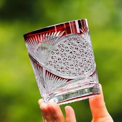 Edo Kiriko Hand Cut Whiskey Glasses 9oz Red Blue Set Of 2 Pieces Wedding Gift
