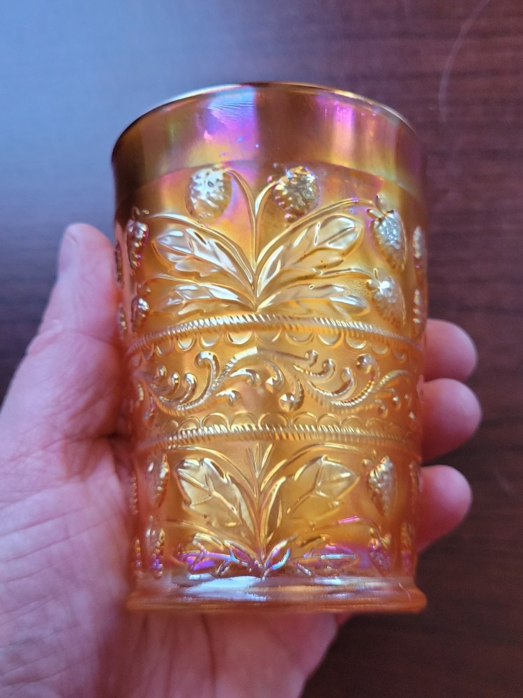 Pretty Marigold Fenton Carnival Glass Strawberry Scroll Pattern Tumbler
