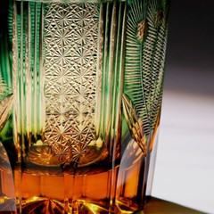 Edo Kiriko Glass Hand Carved Peacock Crystal Whisky Glasses Amber Green 8.5oz