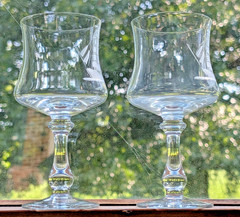 VTG Pair of 6.5″ Tall Frosted Etched SCHOONER Clear Glasses Grappa-Style