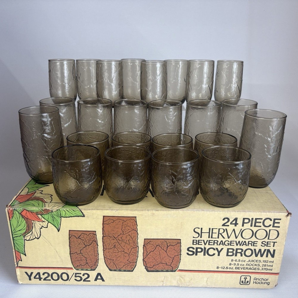 Vintage In Box Set Of 24 Anchor Hocking Sherwood Spicy Brown Leaf Juice Rocks