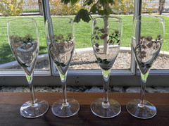 PERRIER JOUET (4) Champagne Glasses 9-3/4″ Pink Floral Flute Etched