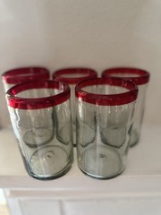 Five Hand Blown Mexican Glass Red Rim 5 1/4” X3 1/4 “ Inch Tumblers Holds 34 Oz.