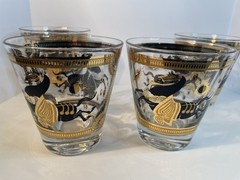Fred Press Glasses Lowball Cocktail Black Gold Trojan Horse Set Of 4 Vintage