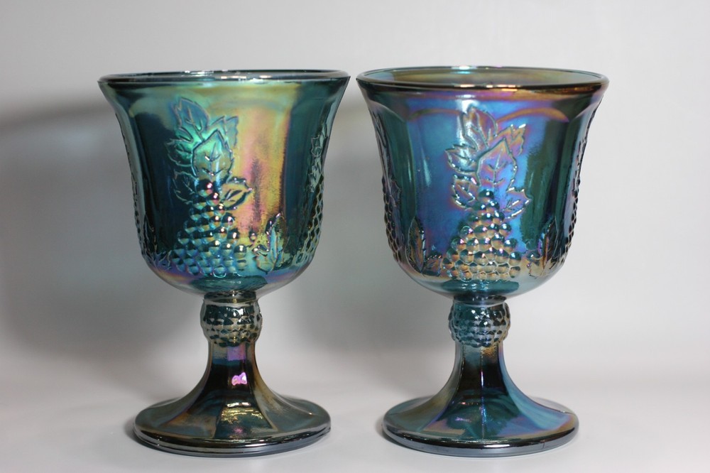 Vintage Blue Iridescent Carnival Glass 2 Goblets Set Harvest Grape Indiana 1970s