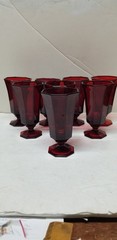 8 INDEPENDENCE GLASS CO RED OCTAGONAL WINE GLASS GOBLETS 6″