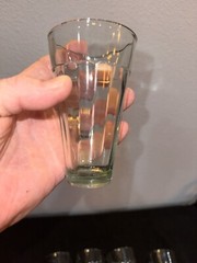 Mid Century Modern Set Of 8 Four Oz Cutting Chai Glasses & Metal Wire Caddy Wood