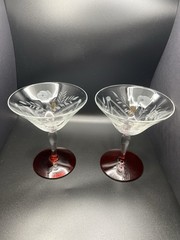 Vintage Ruby Red Stemware Weston Etched Glasses & Floral -2 Champagne Glasses