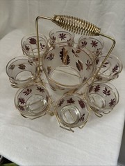 VTG Mad Men Libbey Golden Foliage Frosted Ice Bucket, 8 Glasses & Caddy Set 1966
