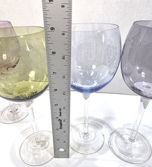 Set of 4 Jewel Tone Etched Wine Glasses Grapes & Vine Pattern Blue Green Purple