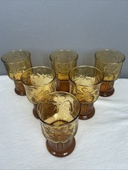 Libbey BoHo Country Garden Daisy Amber Glass 5” Tumbler 1970’s Lot Of 6