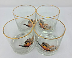 Vintage West Virginia Glass Pheasant Lowball Rocks Glasses Gold Rim MCM Set 6