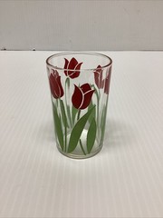Vintage One Hazel Atlas Swanky Swig Juice Glass~Red Tulips~Kraft Glass