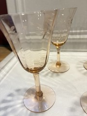 3 Vintage Pink Depression Wine Glasses Etched Optic Crystal 6.5 In T 3.5 In D