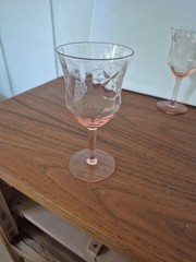 Pair 2-pink depression glass stemware vintage Goblets Etched. 6.5″