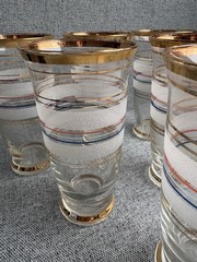 6 Vtg 50s Graniteware Highball Cocktail Glass Tumbler Red White Blue Gold 6” MCM