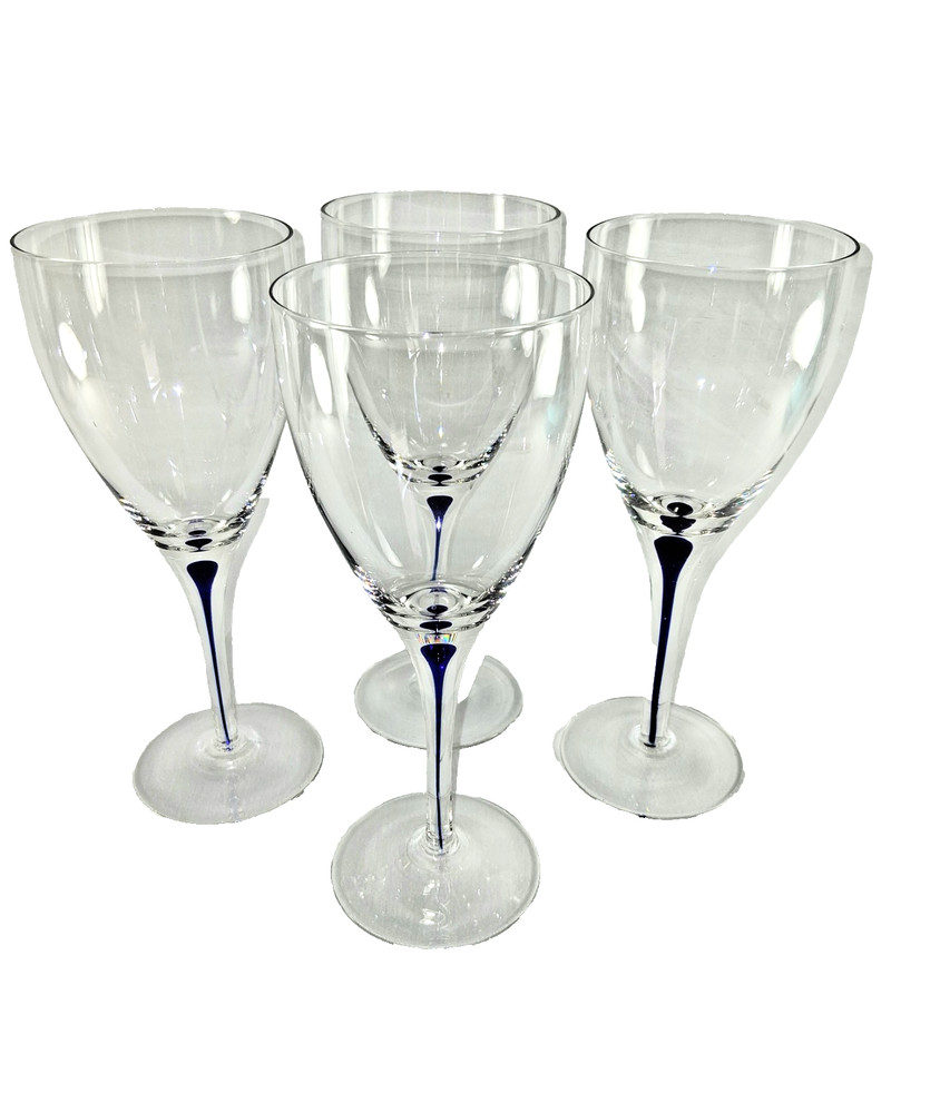 Pier 1 Hand Blown Wine Glasses Cobalt Blue Tear Drop Stem 8.25″ ~Set of 4~