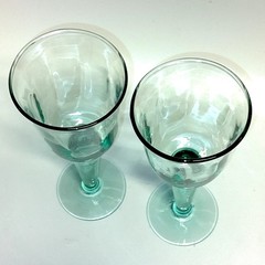 La Mediterranea Recycled Green Glass Goblets Spain Set of 2 Vtg Wide Stemmed Cup