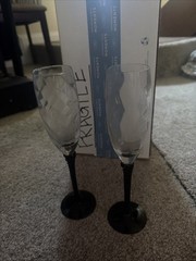 Black Stem Champagne Flute Wine Glasses Set of 2 Luminarc France Vtg