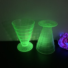 Anchor Hocking Block Optic Uranium Green Depression Glass Footed Tumblers