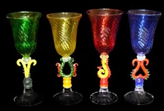 4 Bombay Multicolor Venetian Murano Handblown Art Glass Cordial Goblets Uranium