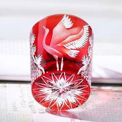 Japanese Style Edo Kiriko Red Crane Crystal Whisky Glass Tumbler Hand Cut 250ml