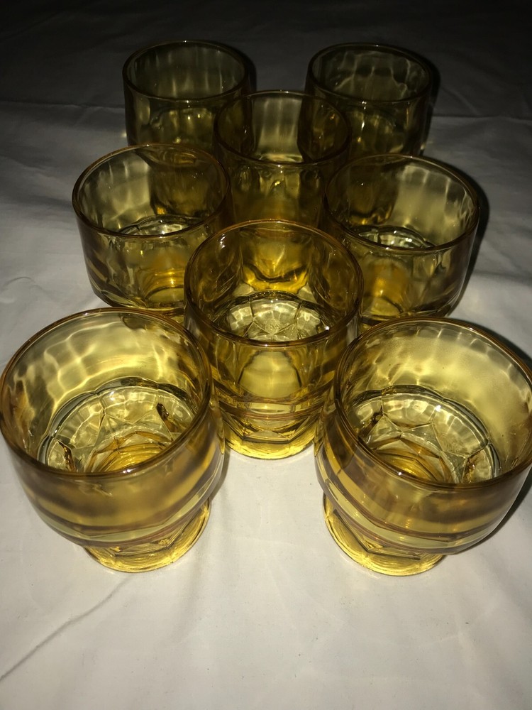 Set of 8 GEORGIAN HONEYCOMB Yellow GOLD Amber 8oz ROCKS GLASS Tumbler GOBLET 4″T