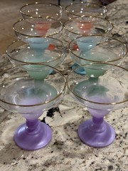 Vintage Blendo Frosted Pastel Margarita Glasses Set of 8 MCM 4.75” Gold Rim