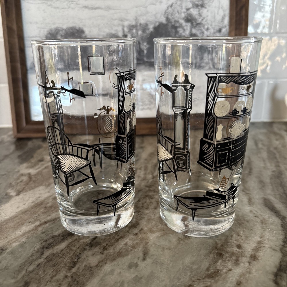 Set of 2 Vintage Libbey Glass Tumblers Mid Century Americana Black White Gold