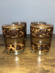 4 Georges Briard Brown Faux Marble Gold Bands Mid Century Double Old Fashion