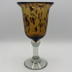 Vintage Tortoise Shell Blown Wine Glass Goblet Amber Leopard Spot Ball Stem 8″