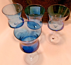 Set Of 4 Artland «Soho» pattern Slate Blue Goblets, Hand Blown Glasses