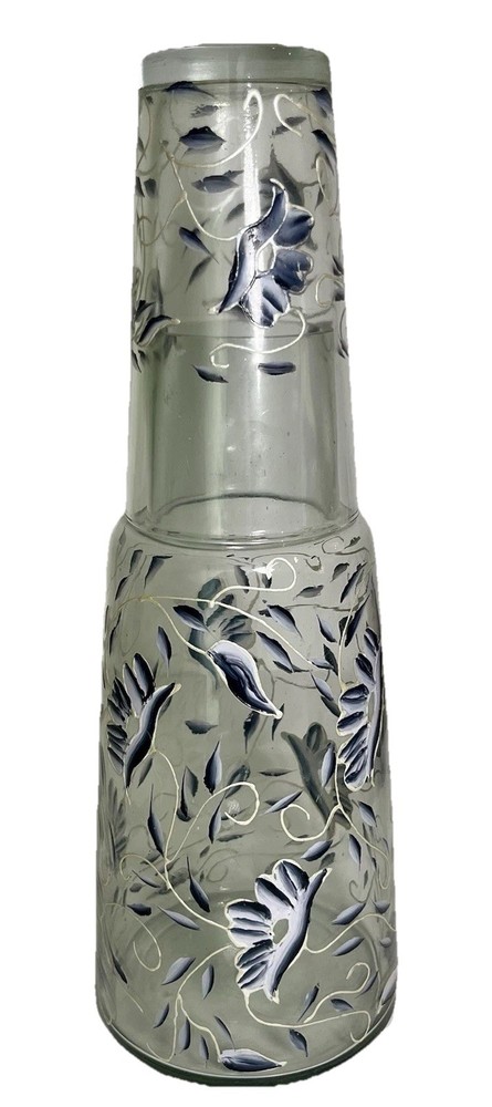 VTG Hand painted Blue/White Floral Vine Glass Tumble Up Bedside Decanter Cottage