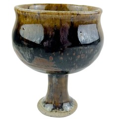 Vintage Art Pottery Goblet Wine Chalice Cup Brown Drip Glaze Stoneware Signed 4”