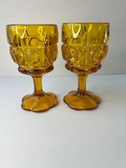 Kanawha Amber Glass Bulls Eye & Daisy Goblets Set of 2